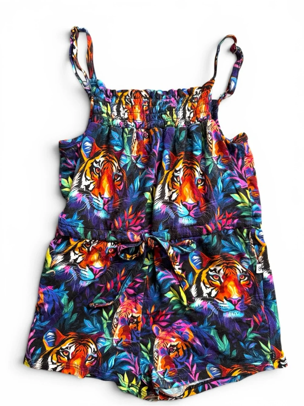 Bums & Roses Girls 3T Bamboo Tiger Print Romper Jungle Smocked Tie Waist EUC